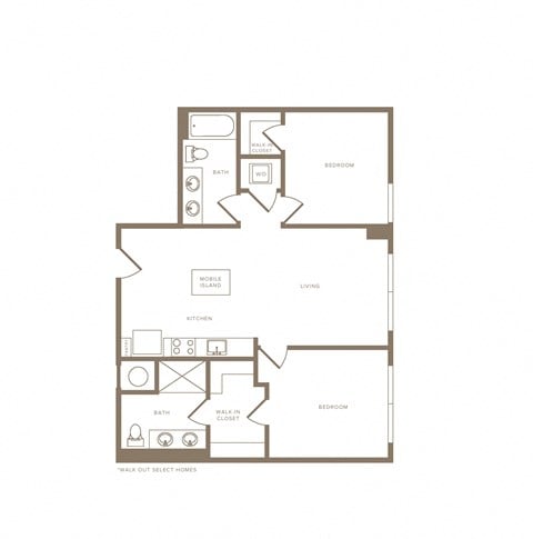 Floor plan for 2 beds, 2 baths, 1027 sqft